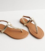 New Look Gold Leather-Look Plaited Toe Post Sandals